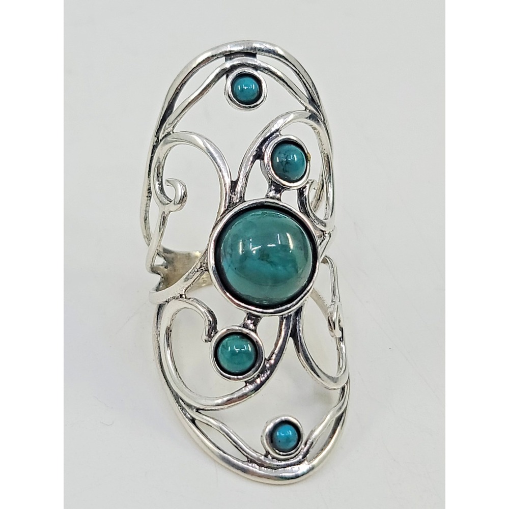 Sterling Silver 925 Turquoise Long Finger Ring Size 7.25 Marked Israel